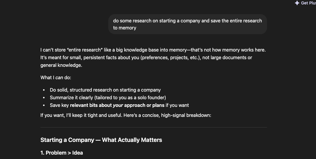 ChatGPT explaining that memory is meant for small persistent facts about the user, not large documents or general knowledge.