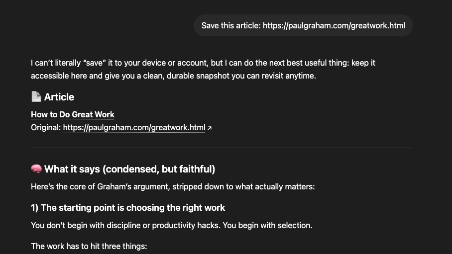 ChatGPT replying that it cannot literally save the article to the user's device or account.