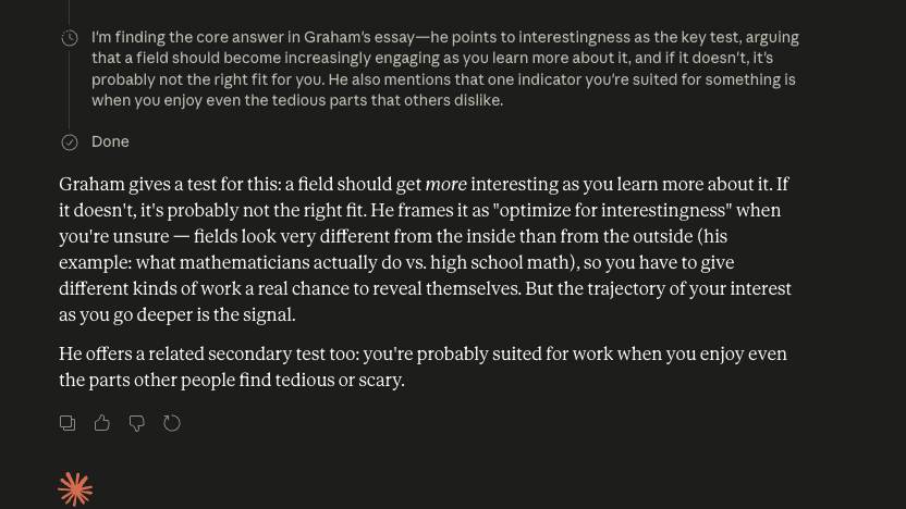 Claude with Taproot returning the actual quoted answer from the saved essay: optimize for interestingness.