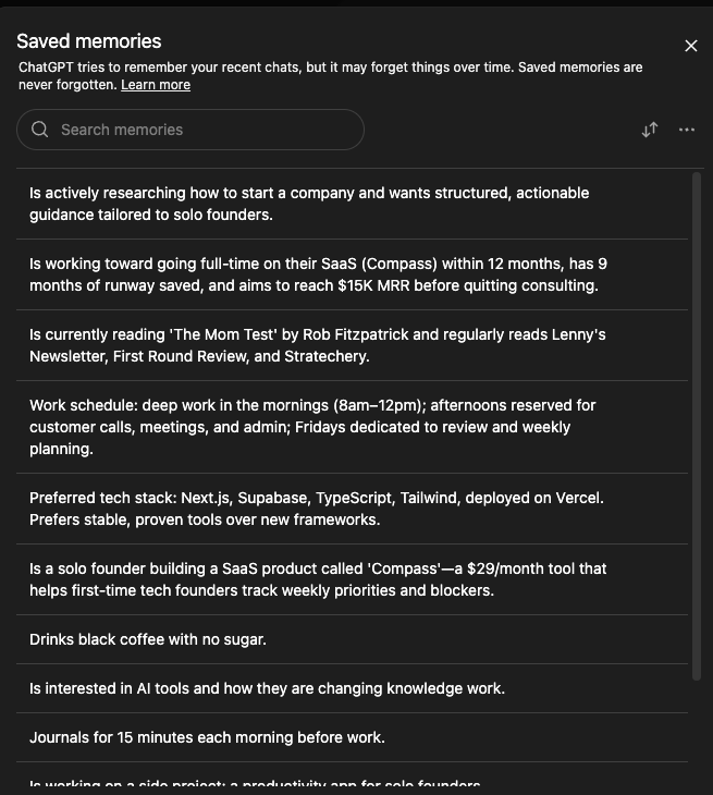 A fresh ChatGPT account's memory panel showing a flat list of small persistent facts about the user.