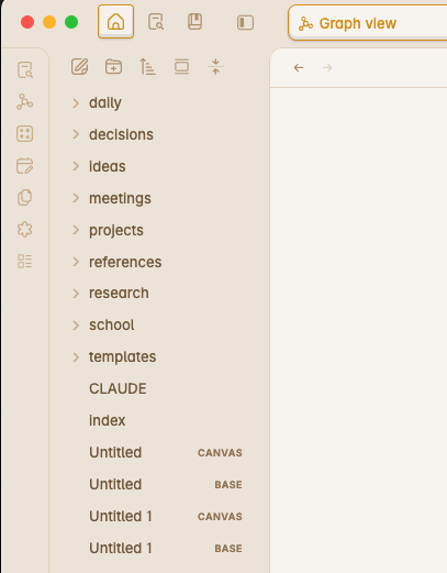 A real Obsidian sidebar showing folders for daily, decisions, ideas, meetings, projects, references, research, school, and templates.
