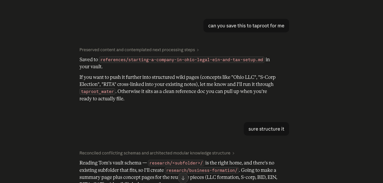 Claude confirming that the research has been saved to a real markdown file inside the user's vault, with an offer to expand it further.